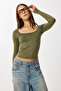 Long Sleeve Seamless Knitted Blouse Lub0256 Khaki - 2