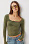 Long Sleeve Seamless Knitted Blouse Lub0256 Khaki - 3