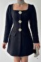 Classic Elegance: Tweed Coat Dress with Large Stone Button Collar Detail 753 - 5