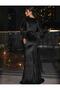 Double Breasted Neckline Slit Maxi Long Length Shoulder Padding Long Sleeve Velvet Evening Dress 581934 Black - 4