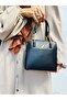 Navy Blue 3-Compartment Faux Leather Women's Hand and Shoulder Strap Bag with Chain Detail - 7