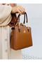Tan 3-Compartment Faux Leather Women's Handbag with Chain Detail and Shoulder Strap - 3