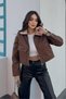 Women's Cropped Jacket Faux Leather Collar Fur Trim Zipper Double Pockets Short Leather Coat