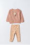Girls' Cotton Pink Floral Patterned Double Set - Sweatshirt and Leggings