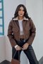 Women's Cropped Jacket Faux Leather Collar Fur Trim Zipper Double Pockets Short Leather Coat - 2