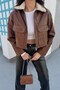 Women's Cropped Jacket Faux Leather Collar Fur Trim Zipper Double Pockets Short Leather Coat - 3