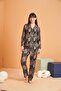 Women's Patterned Satin Pajama Set with Piping, Buttoned Long Sleeves, Pocket Detail