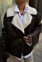 Women's Coat with Fur Inside, Laminated Double-Breasted, Zippered Pockets, Oversize Jacket - 4