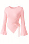 Light Pink Crew Neck Draped Detail Bell Sleeve Modest-Compatible Top Blouse - 2