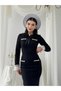 Black Mock Neck Pearl and Bow Detail Midi Length Premium Tweed Dress