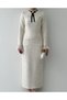 White Stand Collar Pearl and Ribbon Detailed Midi Length Premium Tweed Dress - 4