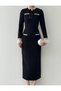 Black Mock Neck Pearl and Bow Detail Midi Length Premium Tweed Dress - 4