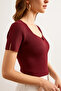 Women's Burgundy Mercerized High Quality Short Sleeve Blouse Ribbed Stretchy Soft Slit Square Neck - 2