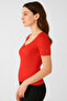 Women's Red Mercerized High Quality Short Sleeve Blouse Ribbed Stretchy Soft Slit Square Neck - 2