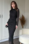 Draped Long Sleeve Stone Black Midi Tulle Dress - 7