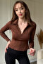 V-Neck Zippered Polo Neck Bodycone Brown Blouse with Finger Loops - 3