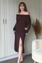 Boat Neck Waist Gold Accented Slit Brown Flowy Dress - 5