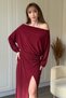 Boat Neck Waist Gold Accented Slit Burgundy Flowy Dress