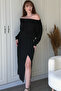 Black Draped Dress with Gold Accessory and Slit, Boat Neck - 5