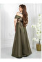 فستان سهرة طويل مكشوف الكتفين من ميكادو زيتوني مطرز بالترتر، فستان رسمي طويل بذيل ملكي - 4