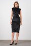 Women's Black Stretchy Velvet Fabric Padded Wrap Cut Midi Length Black Dress with Shiny Accessories 5509