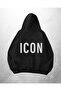 هودي سويت شيرت أسود كبير الحجم مطبوع عليه ICON للجنسين