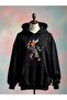 Printed Cotton 3 Thread Oversize Black Sweatshirt