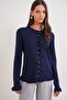 6964 Women's Plain Ruffled Buttoned Cardigan Navy Blue - 5