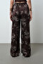 Women's Floral Patterned Brown Jacquard Wide Leg Patterned Trousers - 5