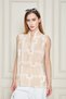 Elegant Sleeveless Blouse with Geometric Pattern and Fabric Buttons