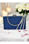 Navy Blue Color Satin Cross Silver Crystal Stone Women's Evening Dress Bag - 7
