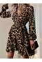 Women's Long Sleeve Double Breasted Collar Waist Belted Cross Cut Detailed Leopard Modal Mini Dress