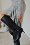 Fall Kitten Heeled Below the Knee Pointed Toe Piping Tape Detailed Matte Leather Women's Boots Black Leather - 4