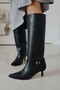 Fall Kitten Heeled Below the Knee Pointed Toe Piping Tape Detailed Matte Leather Women's Boots Black Leather - 5