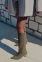 Fall Kitten Heel Below-The-Knee Pointed Toe Piping Tape Detail Matte Leather Women's Boots Khaki Suede
