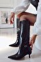 Fall Kitten Heeled Below the Knee Pointed Toe Piping Tape Detailed Matte Leather Women's Boots Black Patent Leather - 4