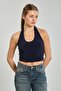 Women's Halter Neck Blouse - Navy Blue - 2