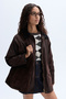 Women's Brown Velvet Collar Oversize Coat Jacket - 5