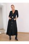 BUKETLİ Women's Fixed Belt Large Yellow Button and Pocket Detail V-Neck Long Sleeve Long Dress - 6