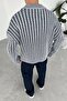 Navy Blue Knitted Patterned Premium Oversize Polo Neck Sweater - 4