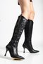 Women's Black Long Zipper Embroidered Thin Heeled Boots - 5