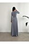 Double-breasted neck long sleeve slit detail imported crepe fabric long basic dress 582623 gray - 2
