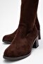 Women's Knee-High Stretch Heeled Boots; Brown Suede - 3