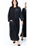 Women's Black Round Neck Plain Pattern Leather Detailed Pocketed Loose Oversize Long Sleeve Long Dress