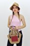 Jutty Jute Straw Bucket Bag with Black Leather Handle and Red Patch Detail Summer Tote Drawstring Beach Shoulder Bag - 5
