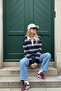 Women's Polo Neck Striped Buttoned Knitwear Sweater Rugby Shirt Navy Blue-White 26W3036 - 2