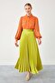 Oil Green Pleated Satin Skirt - 4