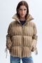 Women's Brown Striped Stand Collar Puffer Coat