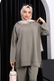 Khaki Stone Detailed Tunic Modal Suit with Trousers - 3