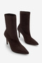 Women's Pointed Toe No-Zip Dark Brown Stretch Suede Heeled Boots Pesina Brown - 5